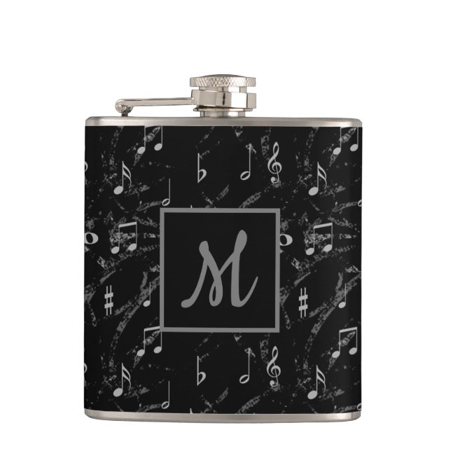 Black & White Music Notes Monogrammed Flask (Front)