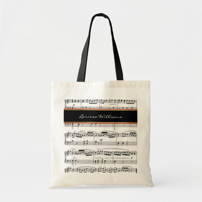 black-white music notes with name, custom tote bag (Front)