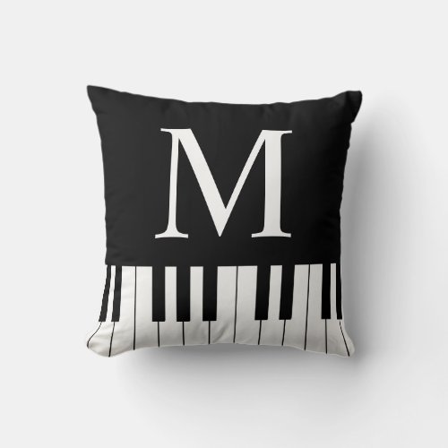 Black White Music Theme Piano Keyboard Monogram Throw Pillow