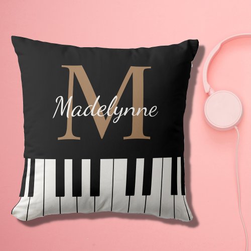 Black White Music Theme Piano Keyboard Monogram Throw Pillow