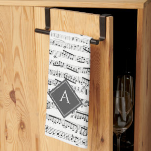Black & white Musical Notes Custom Monogram Music Kitchen Towel