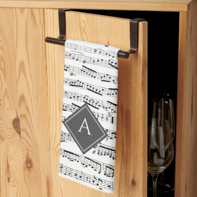 Black & white Musical Notes Custom Monogram Music  Kitchen Towel (Thirds Fold)