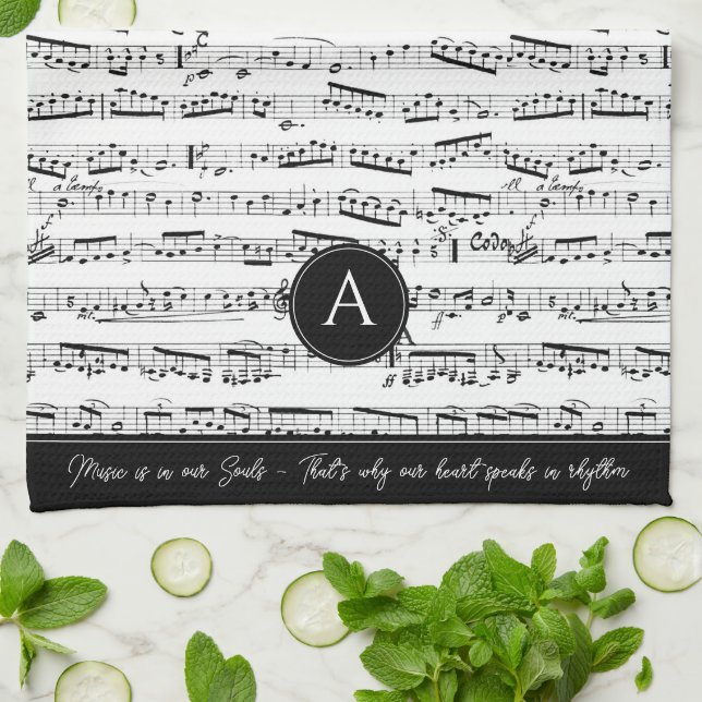 Black & white Musical Notes Custom Monogram Music  Kitchen Towel (Folded)