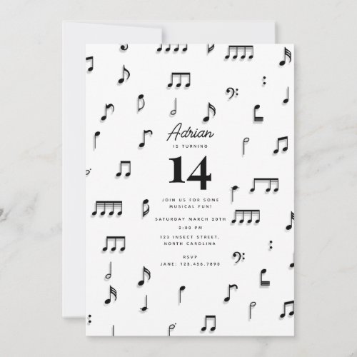 Black  White Musical Notes Symbol Birthday Party Invitation