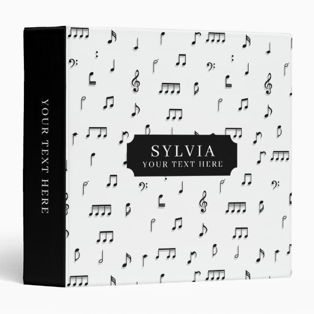 Black & White Musical Notes Symbol Pattern Name 3 Ring Binder (Front/Spine)