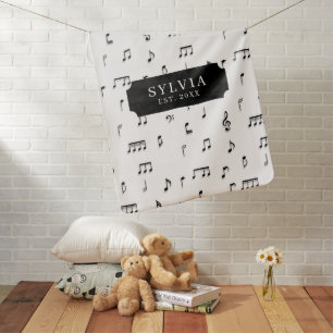 Black & White Musical Notes Symbol Pattern Name Baby Blanket