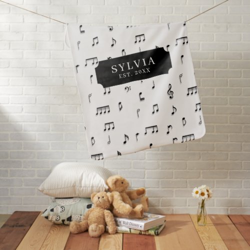 Black  White Musical Notes Symbol Pattern Name Baby Blanket