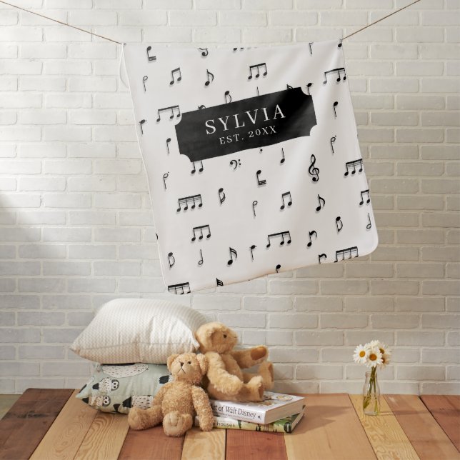 Black & White Musical Notes Symbol Pattern Name Baby Blanket (In Situ)