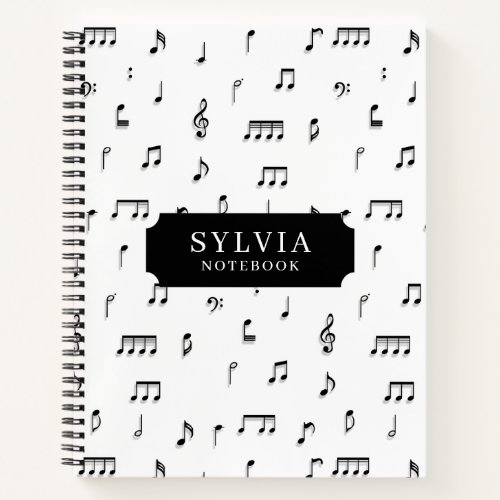 Black  White Musical Notes Symbol Pattern Name Notebook
