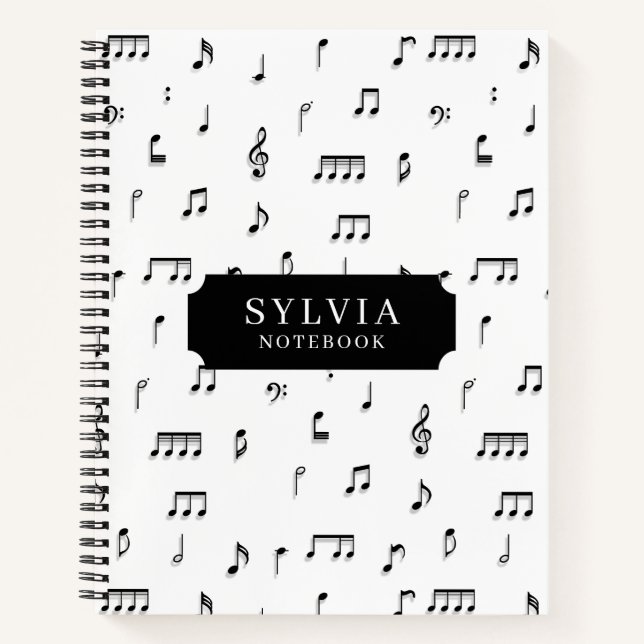 Black & White Musical Notes Symbol Pattern Name Notebook (Front)