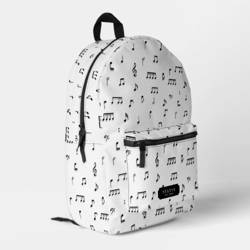 Black  White Musical Notes Symbol Pattern Name Printed Backpack