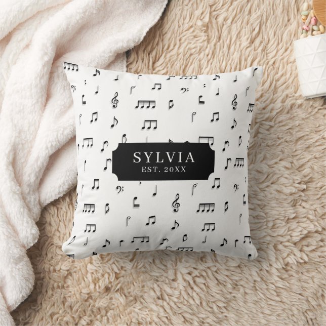 Black & White Musical Notes Symbol Pattern Name Throw Pillow (Blanket)