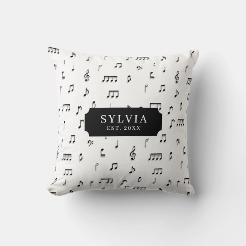 Black  White Musical Notes Symbol Pattern Name Throw Pillow