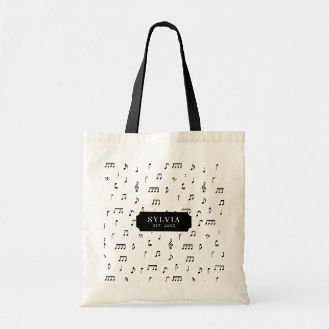 Black & White Musical Notes Symbol Pattern Name Tote Bag (Front)