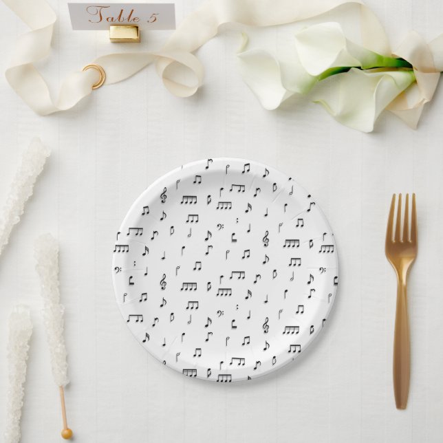 Black & White Musical Notes Symbol Pattern Paper Plates (Wedding)