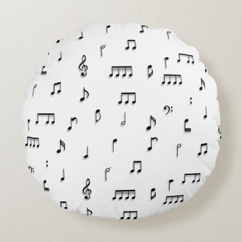 Black  White Musical Notes Symbol Pattern Round Pillow