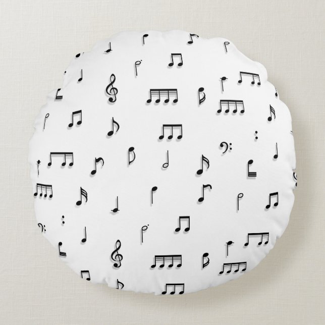 Black & White Musical Notes Symbol Pattern Round Pillow (Front)