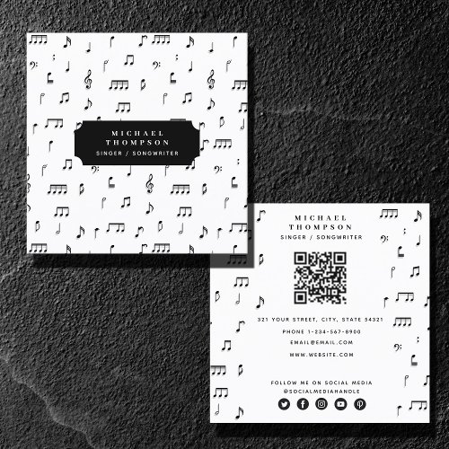 Black  White Musical Notes Symbol QR Code Square Business Card