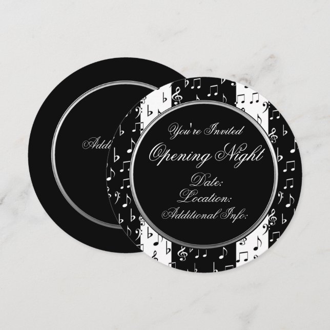 Black & White Musical Stripes Round Invitation (Front/Back)