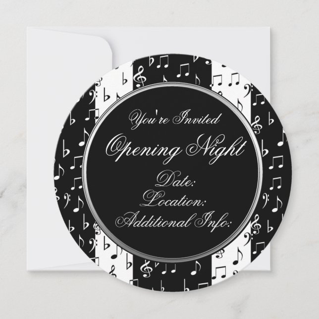 Black & White Musical Stripes Round Invitation (Front)
