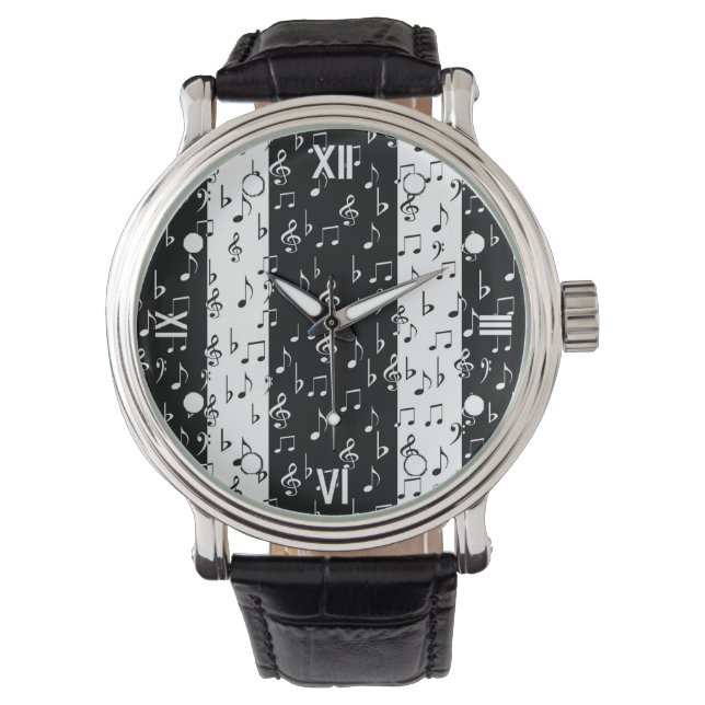 Black & White Musical Stripes Wrist Watch (Front)