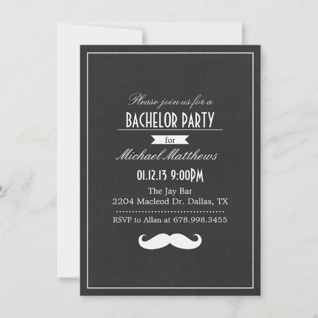 Black & White Mustache Bachelor Party Invitation (Front)