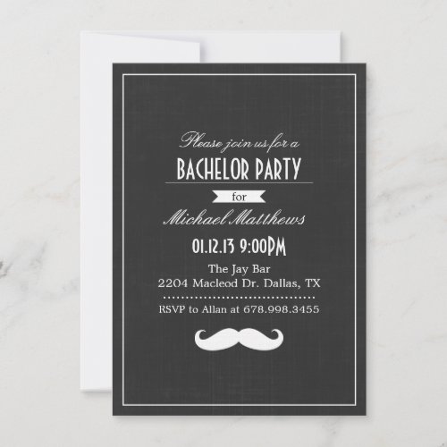 Black  White Mustache Bachelor Party Invitation