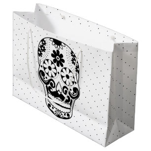 Black & White Mustache Sugar Skull Black Dots Large Gift Bag