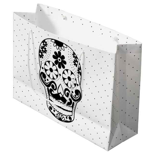 Black & White Mustache Sugar Skull Black Dots Large Gift Bag (Front Angled)