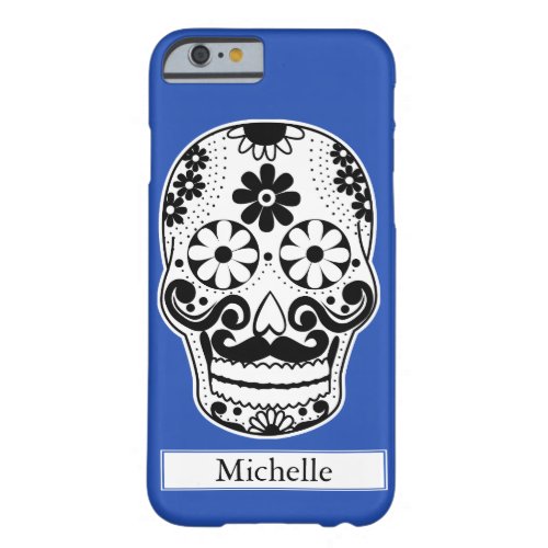 Black  White Mustached Sugar Skull Custom Name Barely There iPhone 6 Case