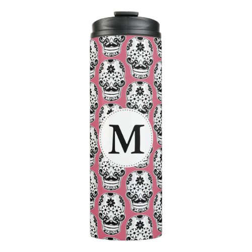 Black  White Mustached Sugar Skull Monogram Thermal Tumbler