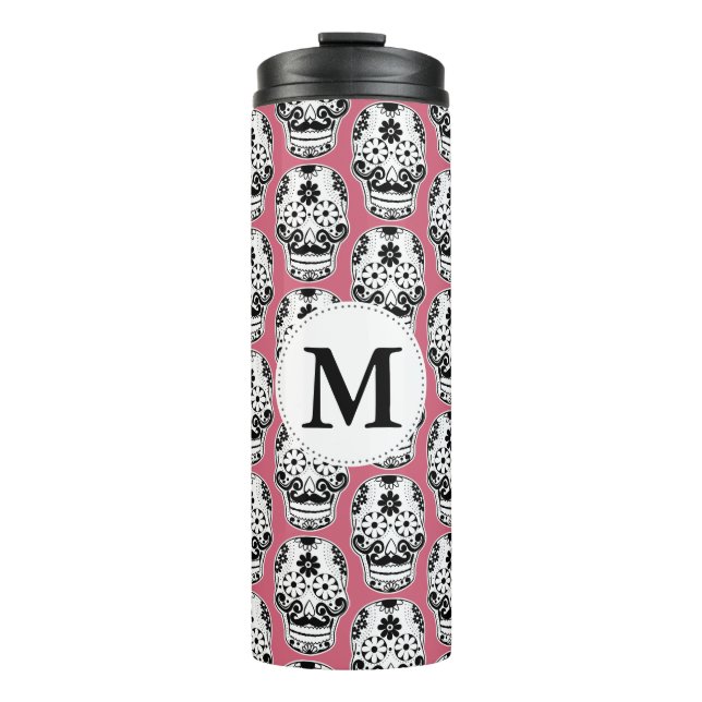 Black & White Mustached Sugar Skull Monogram Thermal Tumbler (Front)