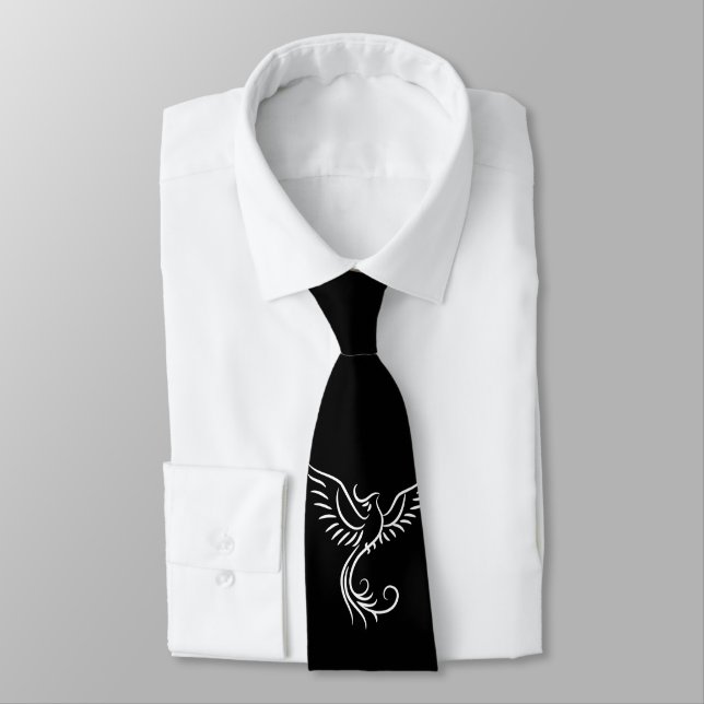Black White Mythology Mystical Bird Rising Neck Tie (Tied)