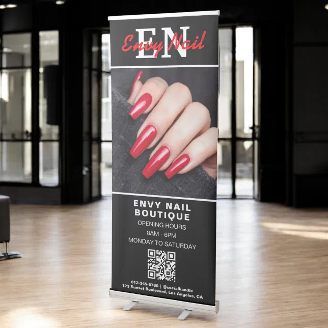 Black White Nail Salon QR Code Photo Monogram Retractable Banner