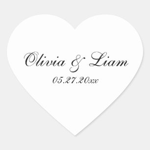 Black White Name Date Modern Wedding Heart Sticker