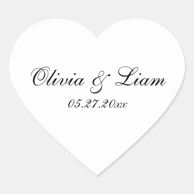 Black White Name Date Modern Wedding Heart Sticker (Front)