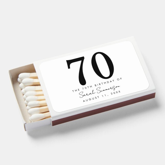 Black White Name Date Seventy 70th Birthday Party Matchboxes (Front Open)