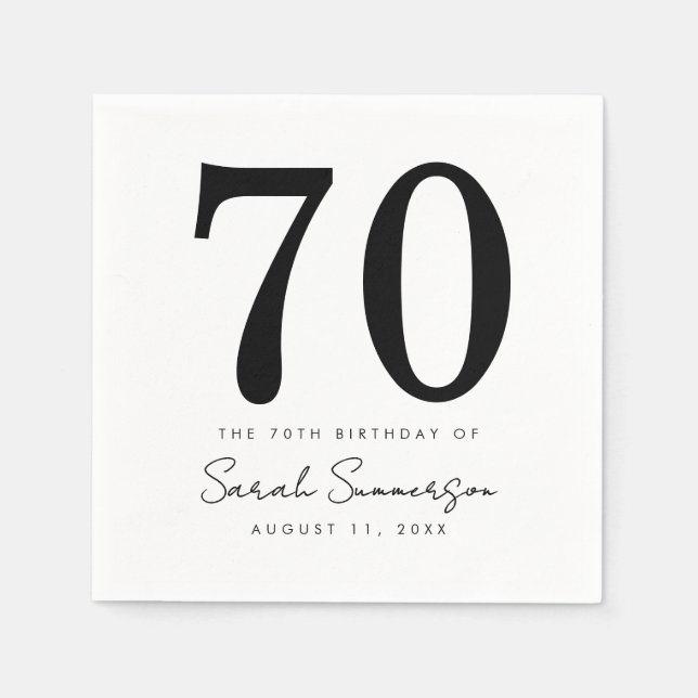 Black White Name Date Seventy 70th Birthday Party Napkins (Front)