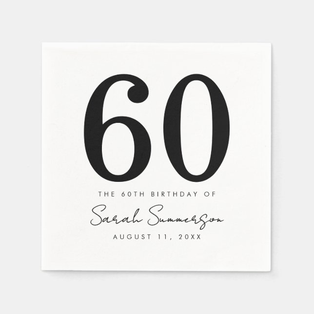 Black White Name Date Sixty 60th Birthday Party Napkins (Front)