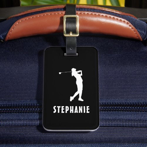 Black White Name Female Golf Player Golfing Golfer Luggage Tag