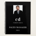 Black white name initials photo business planner<br><div class="desc">A classic black background. Personalize and add your photo,  monogram initials,  full name and title or a text. Modern,  trendy and simple. For both him and her. 
Back: add your business logo,  web address (or delete)</div>