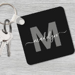 Black White Name Monogram Keychain<br><div class="desc">Create Your Own Stylish Modern Custom Black and White Monogram Square Keychain. This sleek square keychain adds a modern and personalized touch to your everyday essentials. The design features a bold gray monogram initial centered on a solid black background, with your name in elegant white script layered across it. The...</div>