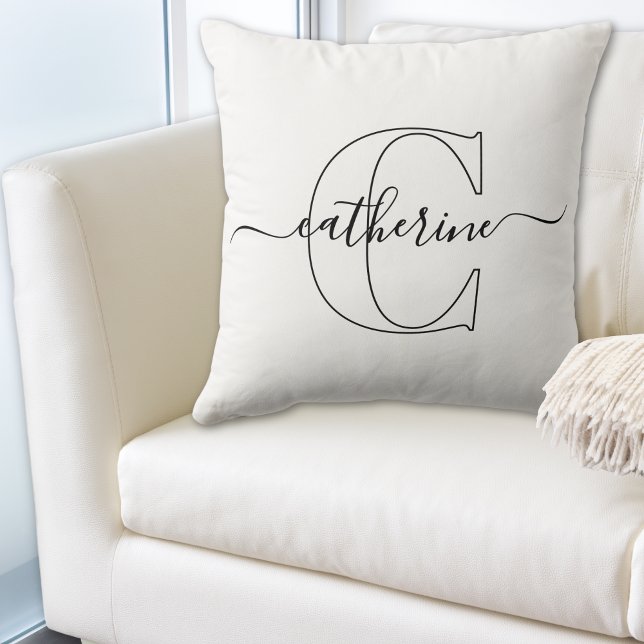 Black White Name Monogram Modern Script Minimalist Throw Pillow (Custom First Initial Name Minimalist Black Script Throw Pillow)