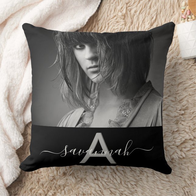 Black white name monogram photo throw pillow (Blanket)