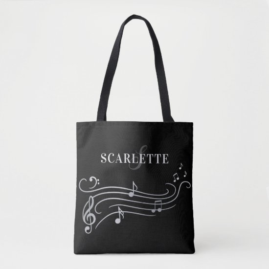 Black & White Name & Monogram Piano Music Notes Tote Bag