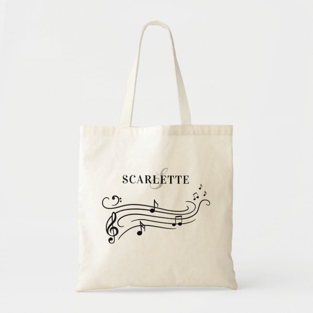 Black & White Name & Monogram Piano Music Notes Tote Bag (Front)