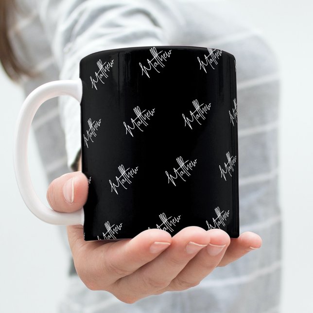 Black white name pattern modern script coffee mug (Creator Uploaded)