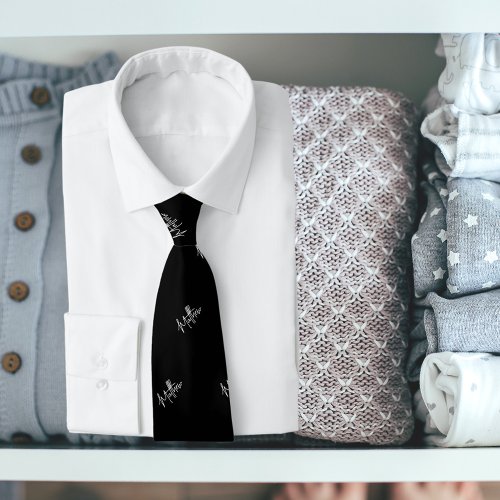 Black white name pattern modern script neck tie