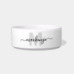 Black White Name Pet Bowl<br><div class="desc">Create Your Own Personalized Black and White Monogram Pet Bowl. This stylish white pet bowl features a clean and modern design with a bold monogram front and center. A light gray initial sits behind a black script name for a simple, chic touch that fits an overall black and white color...</div>