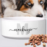 Black White Name Pet Bowl<br><div class="desc">Create Your Own Personalized Black and White Monogram Pet Bowl. This stylish white pet bowl features a clean and modern design with a bold monogram front and center. A light gray initial sits behind a black script name for a simple, chic touch that fits an overall black and white color...</div>